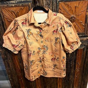 Western-Inspired Tan Blouse with Equestrian Print